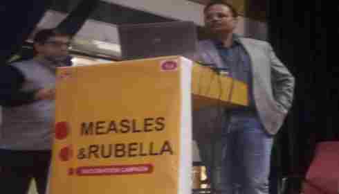 Delhi health minister Satyendra Jain launching a campaign against measles, rubella